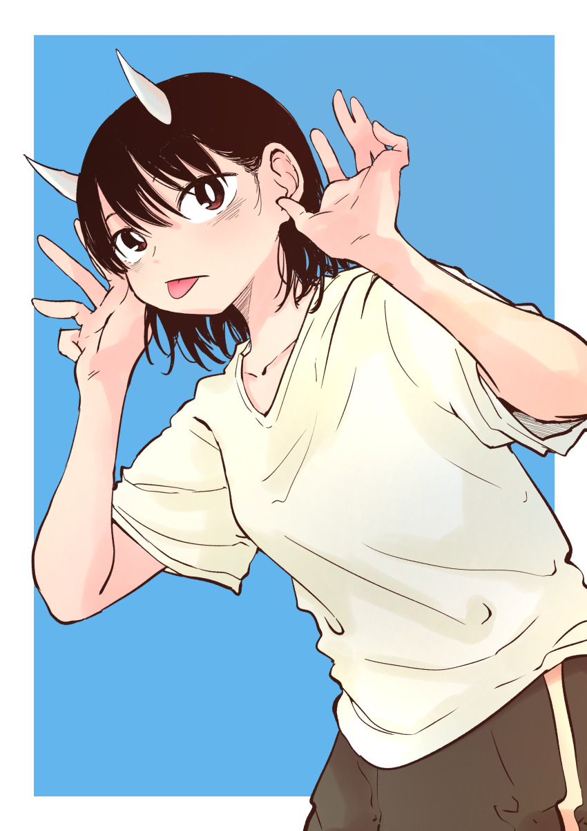 1girl, :p, absurdres, aoki_ruri, black_hair, blue_background, border, bright_pupils