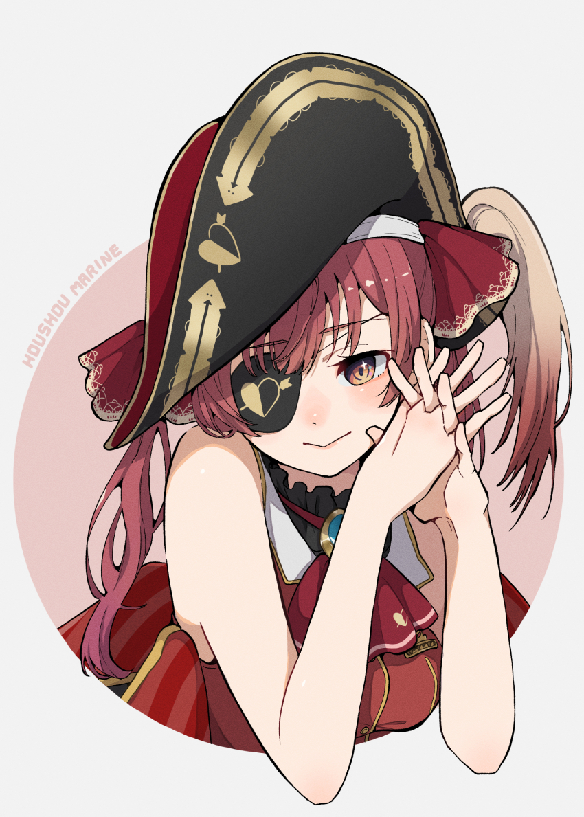 1girl, :>, ascot, bare_arms, bare_shoulders, black_hat, border, character_name, closed_mouth, commentary_request, eyepatch, hands_up, hat, highres, hololive, houshou_marine, interlocked_fingers, long_hair, looking_at_viewer, one_side_up, orange_eyes, outside_border, own_hands_together, pirate_hat, red_ascot, red_hair, red_shirt, round_border, shirt, sleeveless, sleeveless_shirt, solo, takosuke_(gyzp7373), upper_body, virtual_youtuber