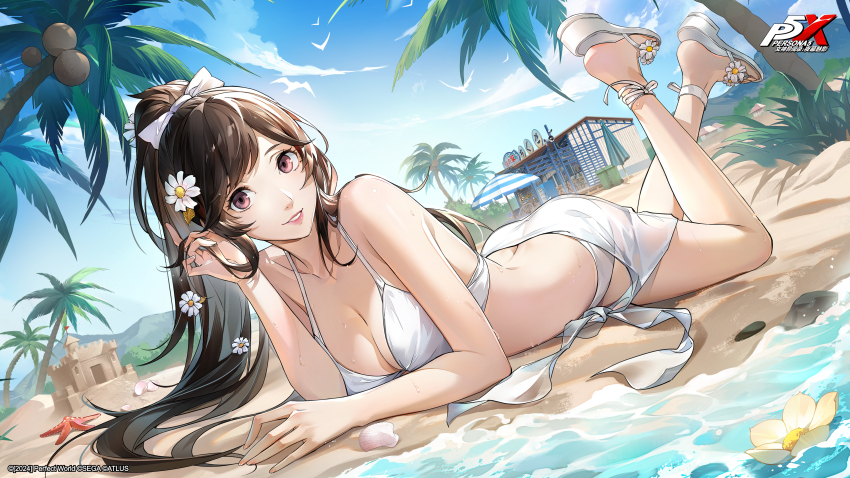 1girl, absurdres, adjusting_hair, all-out_attack, ass, atlus, beach, bikini, blue_sky, breasts, brown_hair, butt_crack, cleavage, coconut, coconut_tree, collarbone, company_name, copyright_name, flower, hair_flower, hair_ornament, hair_ribbon, highres, lips, long_hair, looking_at_viewer, lying, medium_breasts, miyashita_minami, ocean, official_art, official_wallpaper, on_stomach, palm_tree, parted_lips, persona, persona_5, persona_5:_the_phantom_x, pink_eyes, pink_lips, ponytail, ribbon, sand, sand_castle, sand_sculpture, sandals, sega, sky, solo, starfish, swimsuit, third-party_source, tree, water, white_bikini, white_ribbon, white_sandals