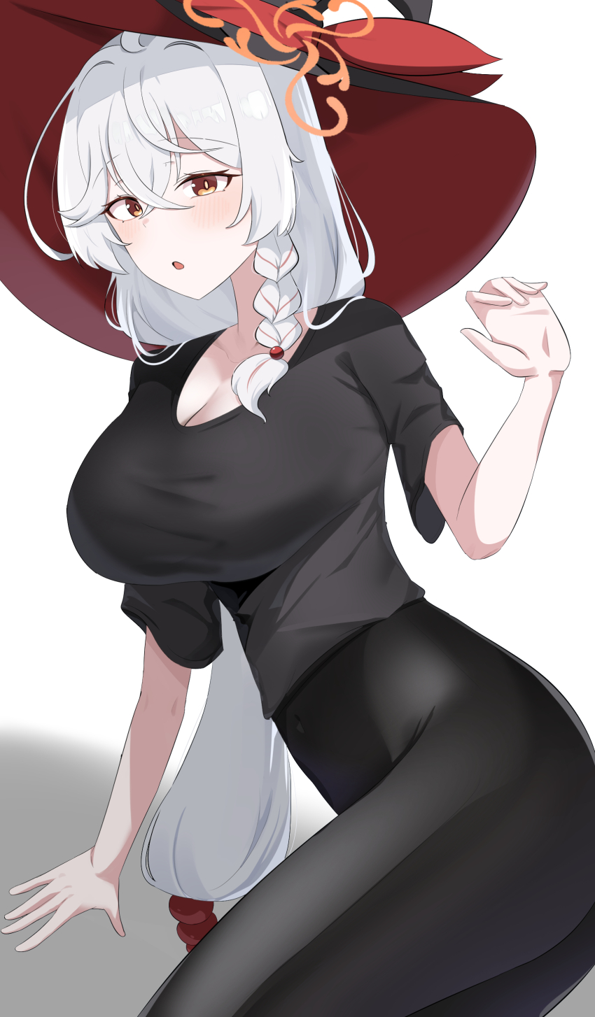 1girl, absurdres, alternate_costume, black_hat, black_pants, black_shirt, blue_archive, braid