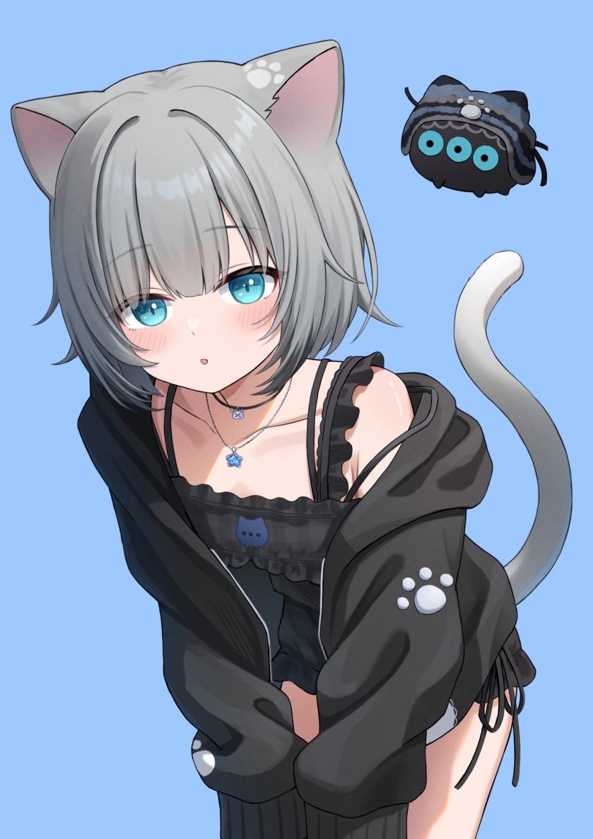1girl, animal_ears, black_dress, black_hoodie, blue_background, blue_eyes, cat_ears, cat_girl