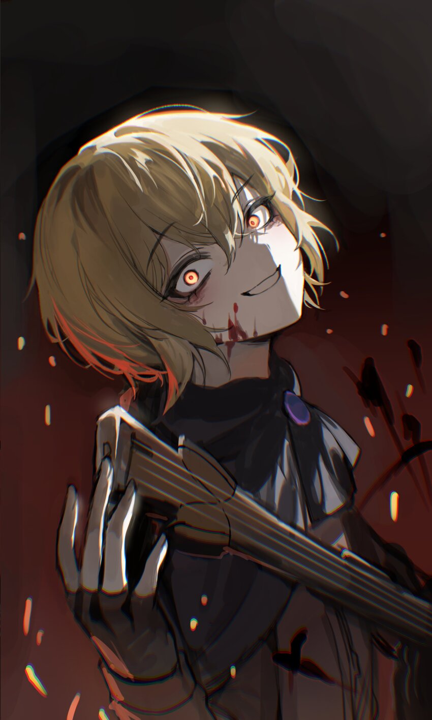 1boy, absurdres, ascot, black_ascot, black_cape, black_gloves, black_shirt, blonde_hair