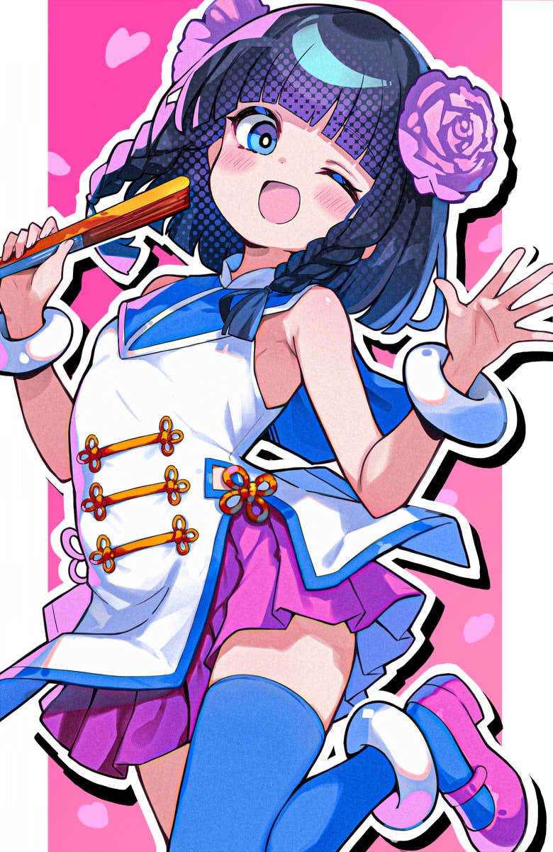 1girl, ;d, armpit_crease, bare_shoulders, bemani, black_hair, blue_eyes, blue_thighhighs