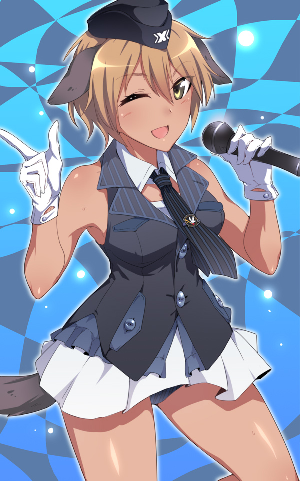 1girl, 502nd_joint_fighter_wing_(emblem), ;d, animal_ears, blonde_hair, brave_witches, breasts, colorful_background