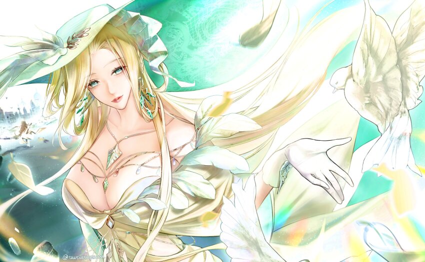 2girls, bird, blonde_hair, breasts, city, cleavage, commentary, dress