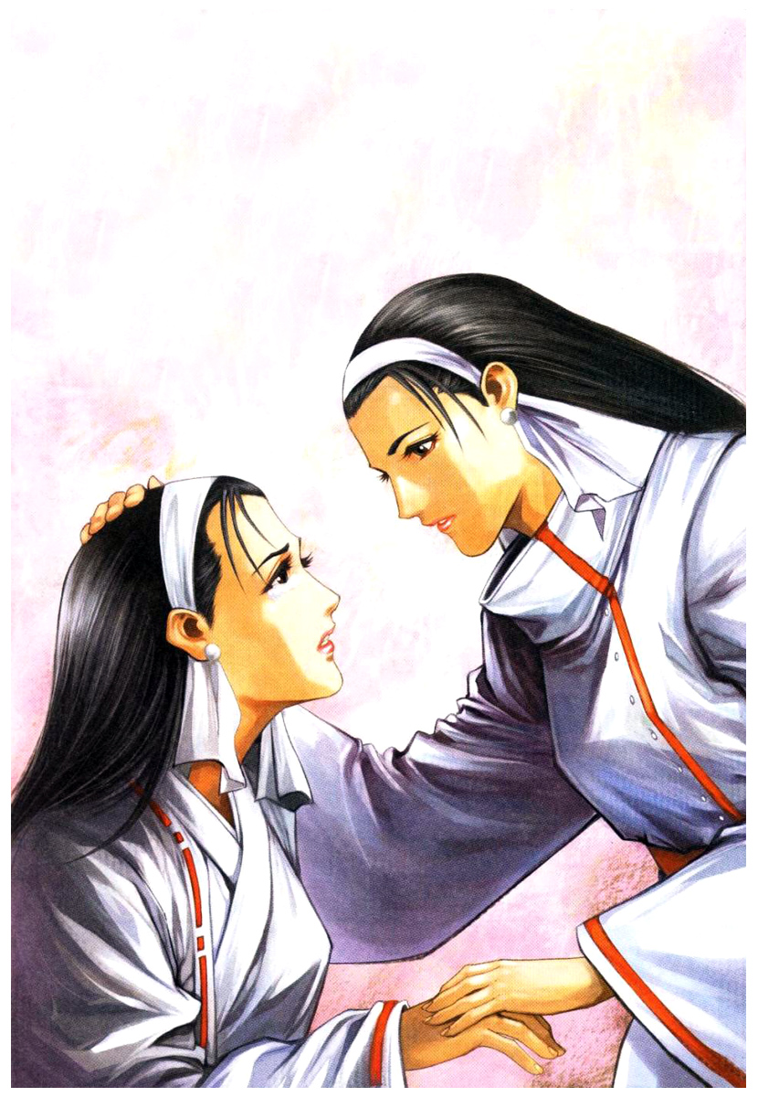 2girls, black_hair, earrings, forehead, hair_slicked_back, hairband, headband, highres