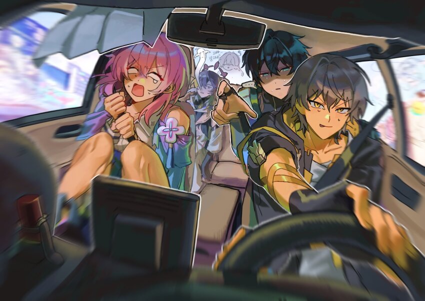 ..., 2girls, 3boys, ^_^, arm_up, bare_shoulders, black_choker, black_coat, black_gloves, black_hair, black_shirt, black_shoes, blank_eyes, blue_eyes, blue_jacket, blue_skirt, blue_sky, brother_and_sister, building, caelus_(honkai:_star_rail), car_interior, chair, character_doll, chinese_clothes, choker, city, clenched_hands, closed_eyes, closed_mouth, coat, collared_shirt, commentary_request, crying, crying_with_eyes_open, dan_heng_(honkai:_star_rail), dan_heng_(hunt)_(honkai:_star_rail), day, doll, driving, feathered_wings, fingerless_gloves, flower, flower_ornament, giving_up_the_ghost, gloves, grey_hair, gul_ghr, hair_between_eyes, half-closed_eyes, halo, halo_behind_head, hands_up, head_only, head_wings, highres, holding, honkai:_star_rail, honkai_(series), hood, hooded_coat, jacket, jewelry, korean_commentary, lapels, long_hair, long_sleeves, looking_at_object, looking_to_the_side, march_7th_(honkai:_star_rail), march_7th_(preservation)_(honkai:_star_rail), motion_lines, multicolored_jacket, multiple_boys, multiple_girls, off-shoulder_shirt, off_shoulder, on_chair, open_clothes, open_coat, open_mouth, partially_fingerless_gloves, pink_hair, pleated_skirt, pom-pom_(honkai:_star_rail), puffy_long_sleeves, puffy_sleeves, ring, robin_(honkai:_star_rail), scared, scarf, shaded_face, shirt, shoes, short_hair, siblings, sidelocks, single_glove, sitting, skirt, sky, smile, speech_bubble, spoken_ellipsis, sunday_(honkai:_star_rail), sweat, t-shirt, tablet_pc, tassel, tears, tied_jacket, tongue, tongue_out, trailblazer_(honkai:_star_rail), two-sided_coat, two-sided_fabric, two-tone_jacket, v-shaped_eyebrows, white_coat, white_flower, white_jacket, white_scarf, white_shirt, wings, yellow_coat, yellow_eyes