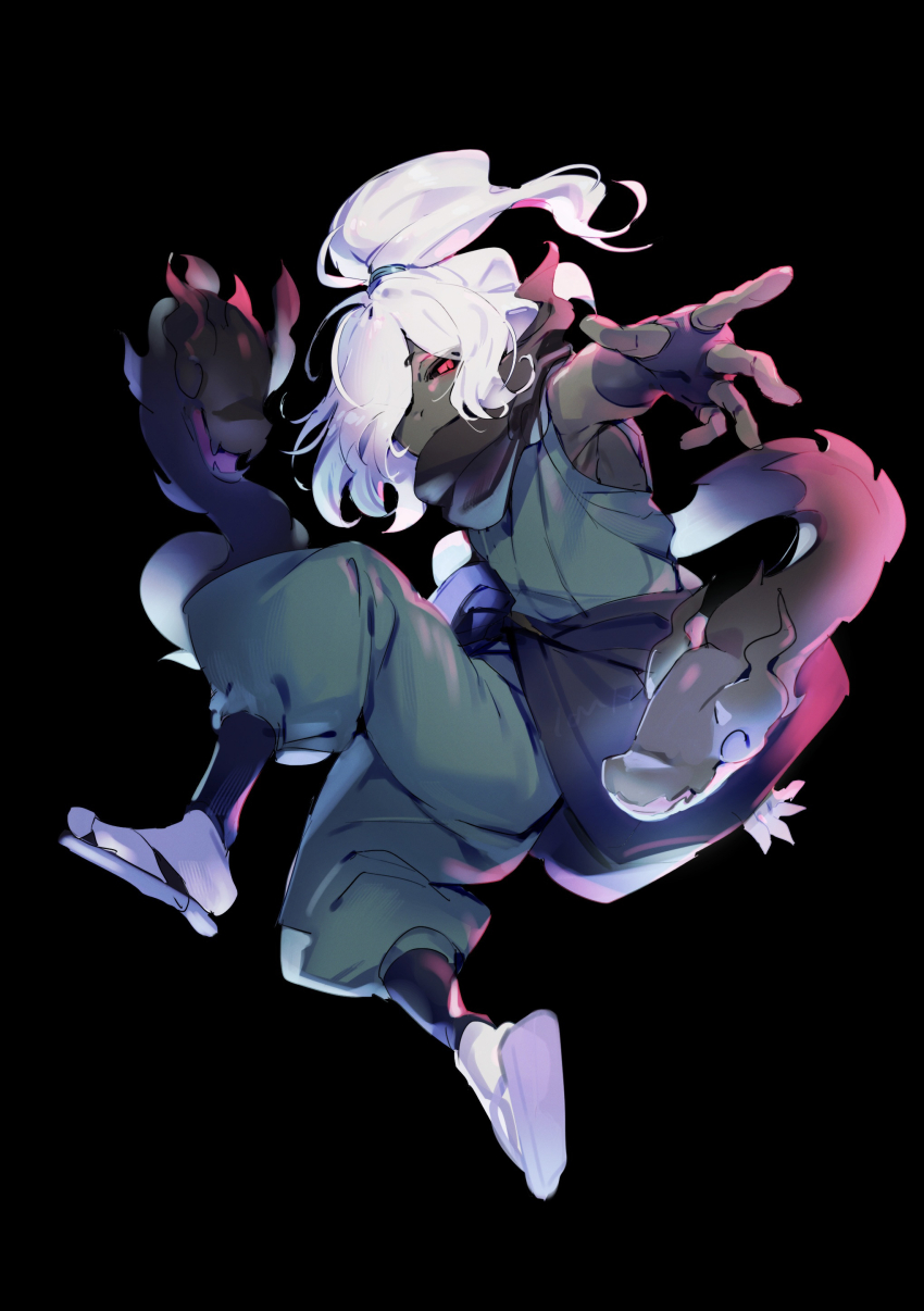 1boy, absurdres, black_background, black_gloves, black_sclera, closed_mouth, colored_sclera, colored_skin