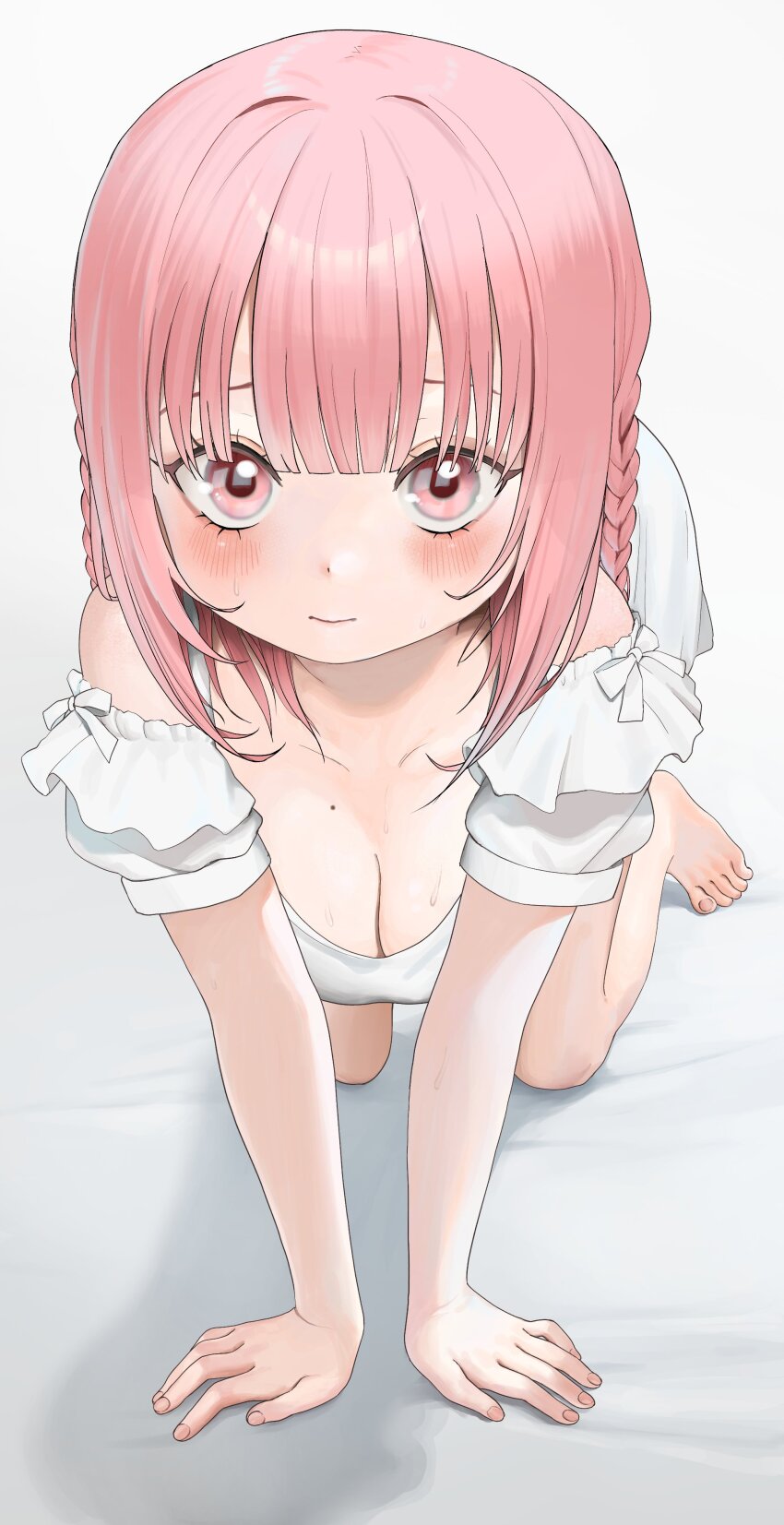 1girl, absurdres, all_fours, bare_legs, barefoot, blush, braid, breasts