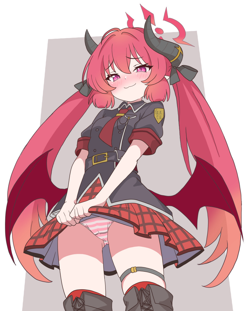 1girl, :3, absurdres, black_horns, black_shirt, blue_archive, blush, breasts