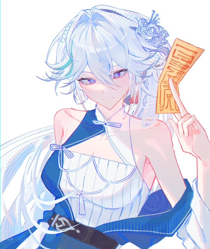 1girl, armpit_crease, bare_shoulders, belt, between_fingers, breasts, bright_pupils, chinese_clothes