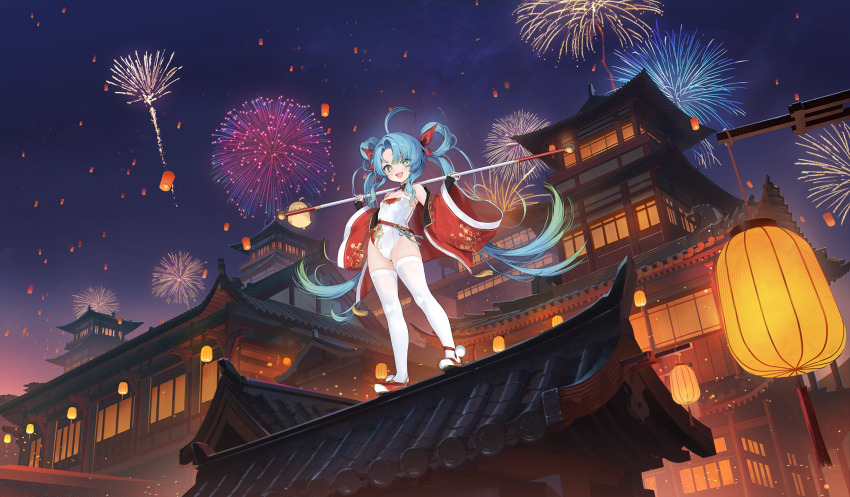 1girl, :d, absurdres, aerial_fireworks, ahoge, architecture, artist_request, azur_lane