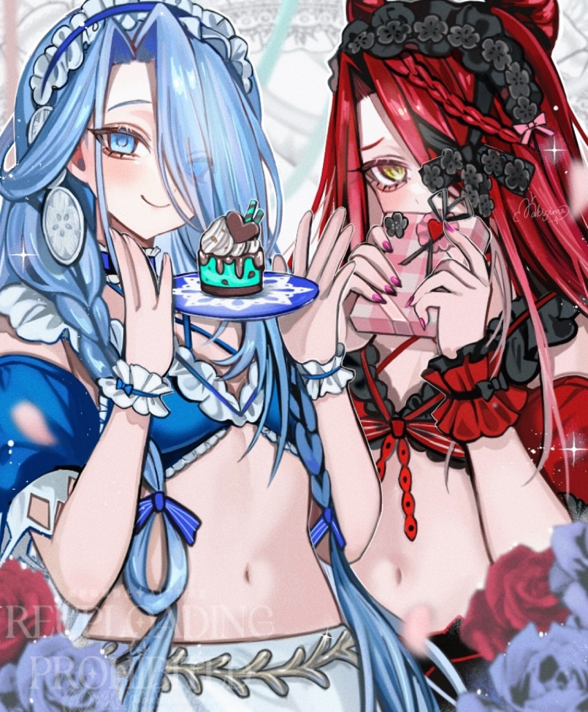 2girls, after_time_valentine_2026, apron, black_skirt, black_wrist_cuffs, blue_bra, blue_eyes, blue_hair