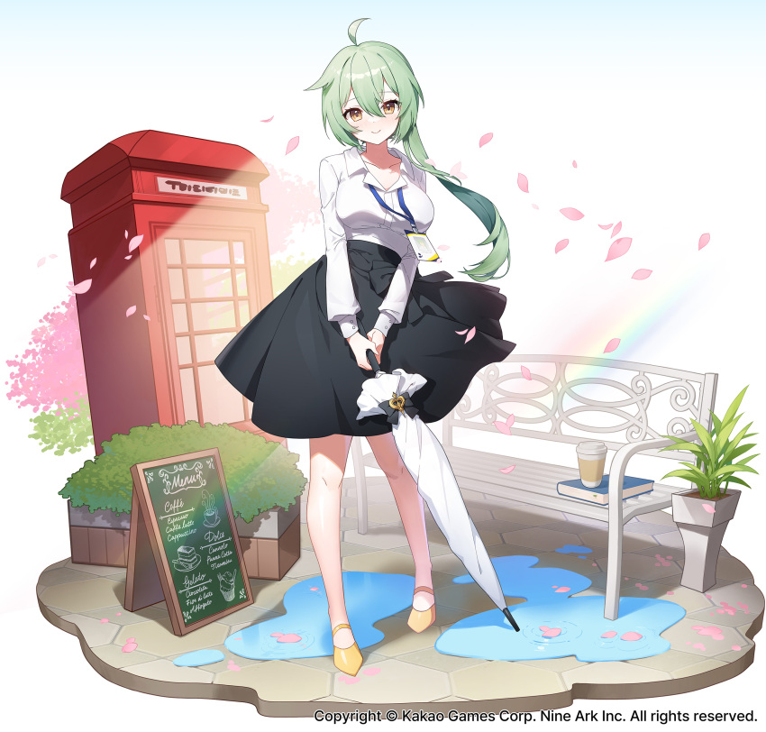 1girl, ahoge, apple_caramel, bare_legs, bench, black_skirt, book, breasts