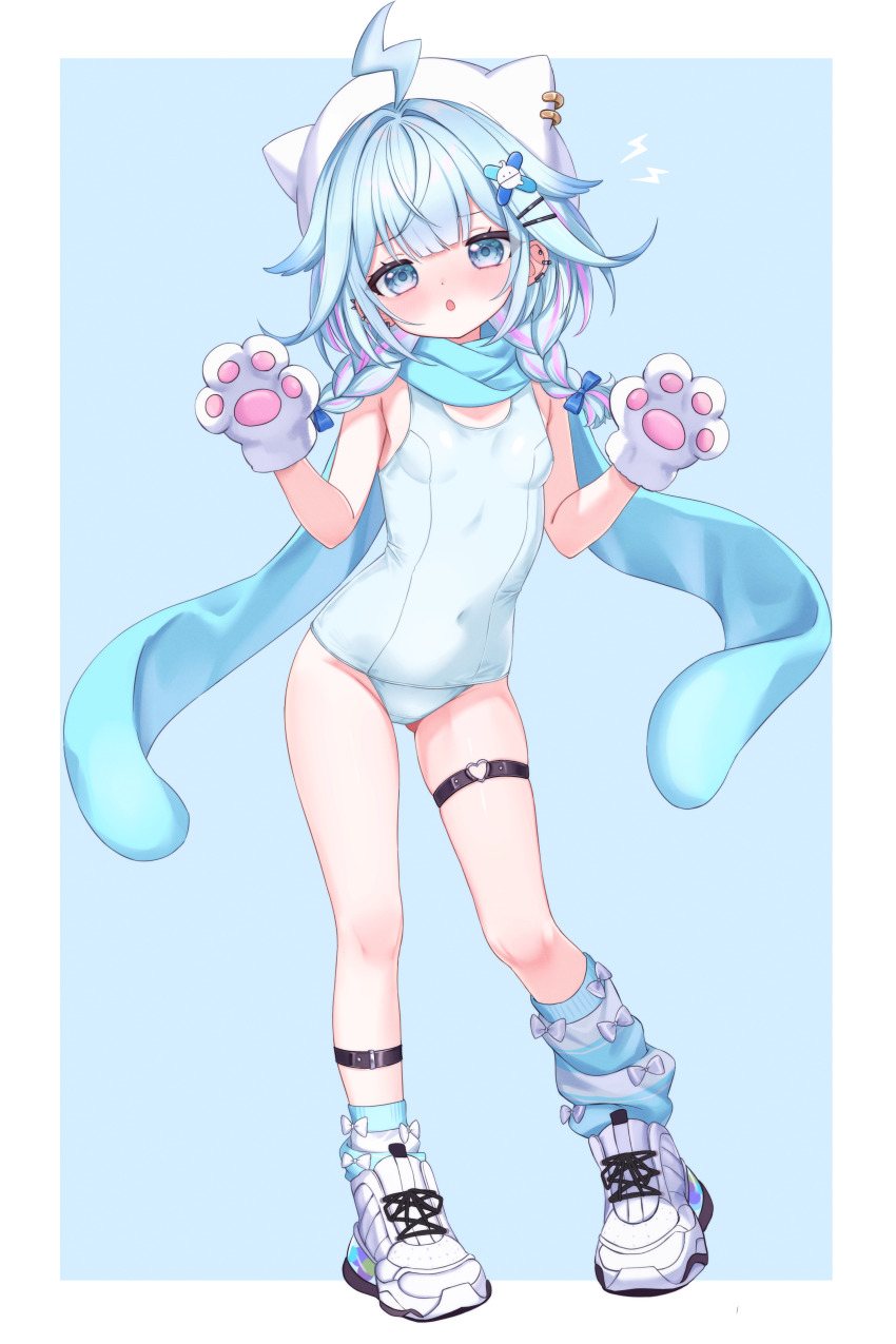 1girl, 4kimizuki, absurdres, animal_hands, blue_eyes, blue_hair, blue_socks, braid