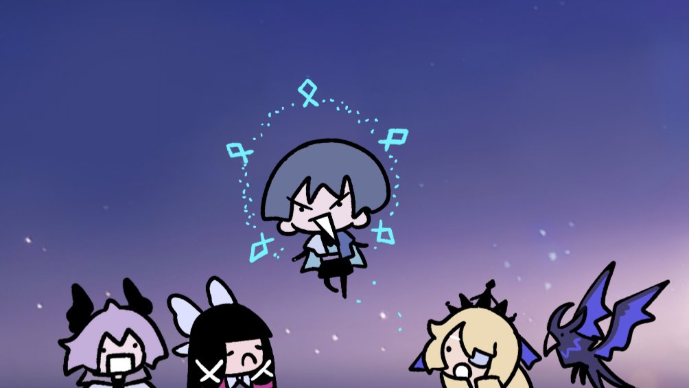 ._., 2boys, 2girls, :c, aracanthus38633, arms_at_sides, bird, black_hair