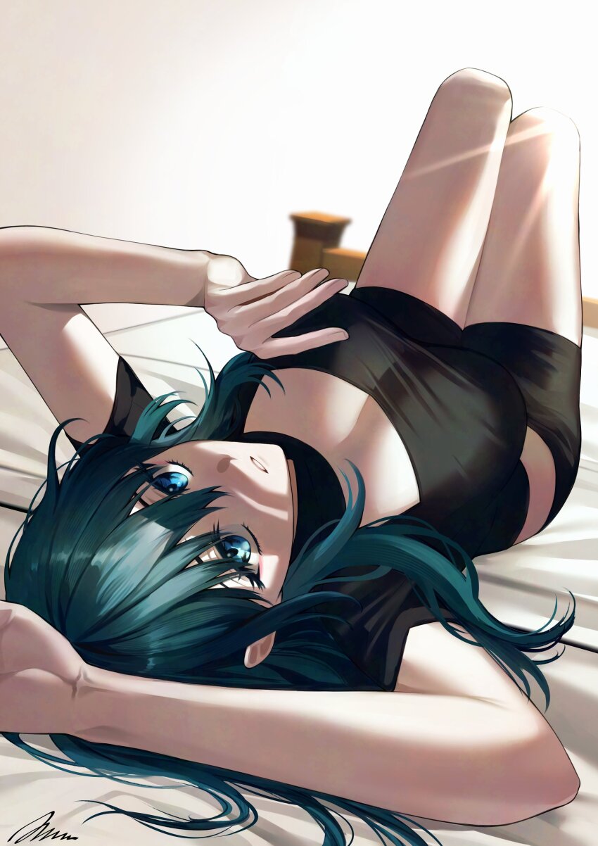 1girl, a_(asan_a_aa), absurdres, bare_arms, black_shirt, black_shorts, breasts, cleavage