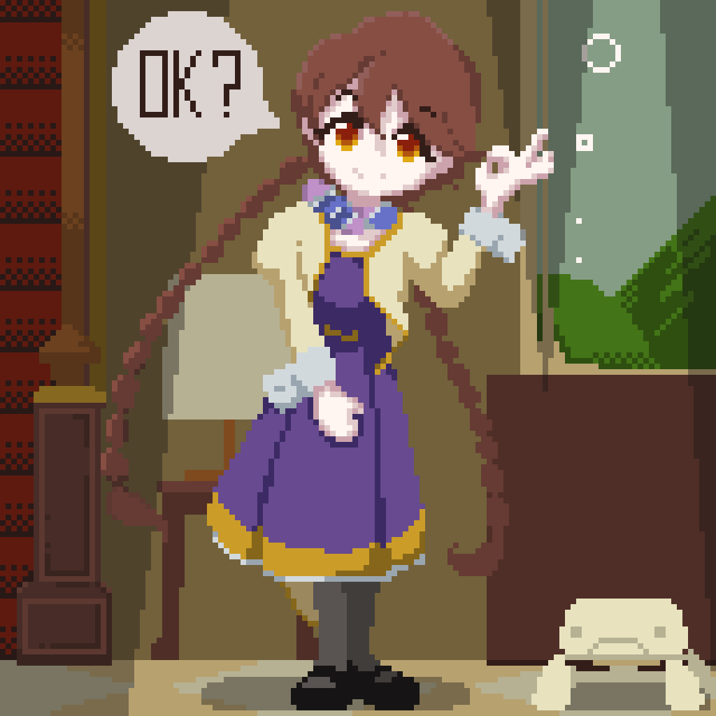 1girl, apocalypse_hotel, braid, brown_eyes, brown_hair, commentary_request, dress, flycatcher_robot