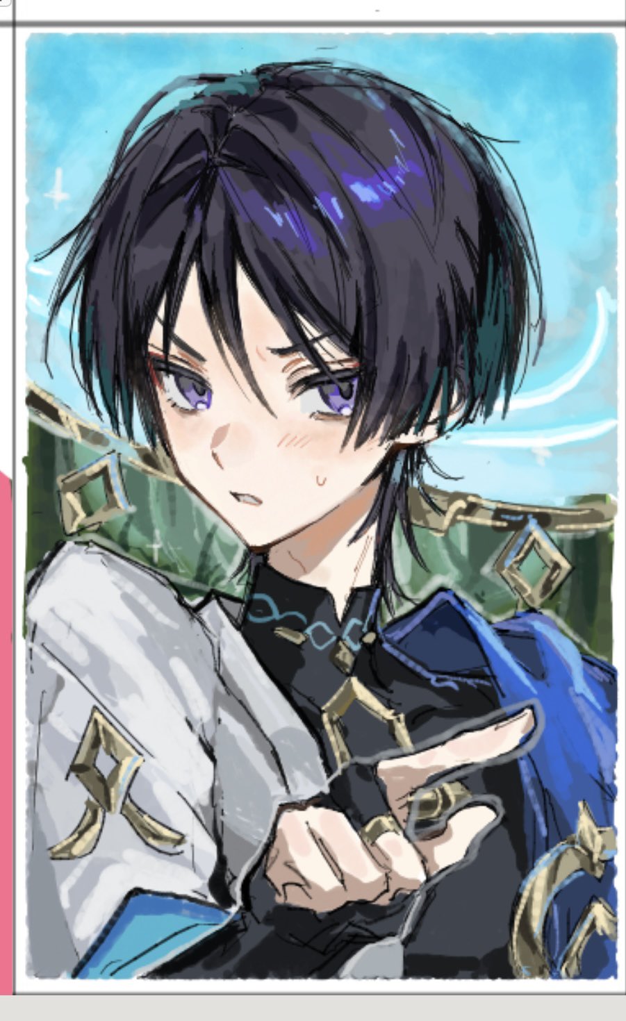 1boy, anpanmaaaaan16, black_bodysuit, black_bridal_gauntlets, black_hair, blue_cape, blue_hat, blue_jingasa