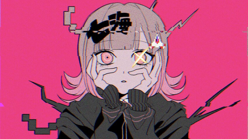 1girl, black_hoodie, character_name, chromatic_aberration, commentary_request, danganronpa_(series), danganronpa_2:_goodbye_despair, diffraction_spikes