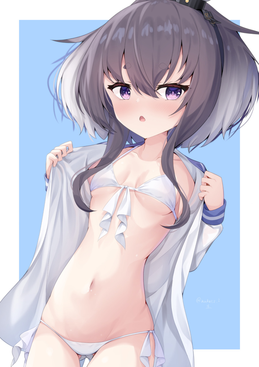 1girl, bikini, black_hair, blue_background, brown_eyes, cowboy_shot, dress, front-tie_bikini_top