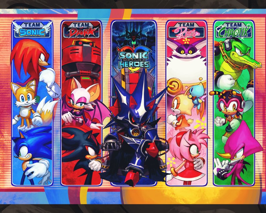 3girls, 6+boys, absurdres, amy_rose, animal_nose, bat_girl, big_the_cat, chao_(sonic), chaos_emerald, charmy_bee, cheese_(sonic), commentary, cream_the_rabbit, crossed_legs, e-123_omega, english_commentary, espio_the_chameleon, furry, furry_male, hedgehog_boy, hedgehog_girl, highres, knuckles_the_echidna, kornart, logo, metal_overlord, metal_sonic, multiple_boys, multiple_girls, neo_metal_sonic, red_eyes, robot, rouge_the_bat, shadow_the_hedgehog, smile, sonic_(series), sonic_heroes, sonic_the_hedgehog, tails_(sonic), team_chaotix_(sonic), team_dark_(sonic), team_rose_(sonic), team_sonic_(sonic), vector_the_crocodile