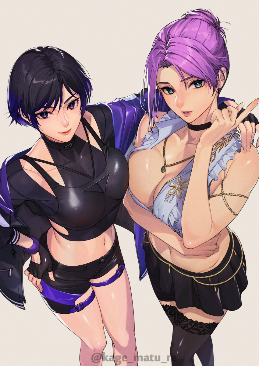 2girls, absurdres, arm_around_shoulder, arm_under_breasts, artist_name, bare_shoulders, black_choker, black_gloves