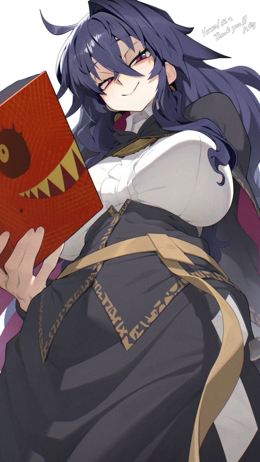 1girl, 1other, ahoge, black_cloak, black_dress, black_hair, book, breasts