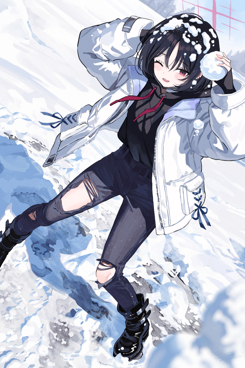1girl, absurdres, bandaged_neck, bandages, black_boots, black_hair, black_hoodie, black_mask, blue_archive, blue_sky, boots, closed_mouth, commentary_request, day, denim, foot_out_of_frame, halo, highres, holding, holding_snowball, hood, hoodie, hoodie_tucked_in, jacket, jeans, long_sleeves, looking_at_viewer, mask, mask_pull, misaki_(blue_archive), mouth_mask, nanjo_maya, one_eye_closed, open_mouth, outdoors, pants, red_eyes, red_halo, short_hair, sky, sleeves_past_wrists, smile, snow, snow_on_head, snowball, solo, surgical_mask, torn_clothes, torn_jeans, torn_pants, tree, white_jacket, winter