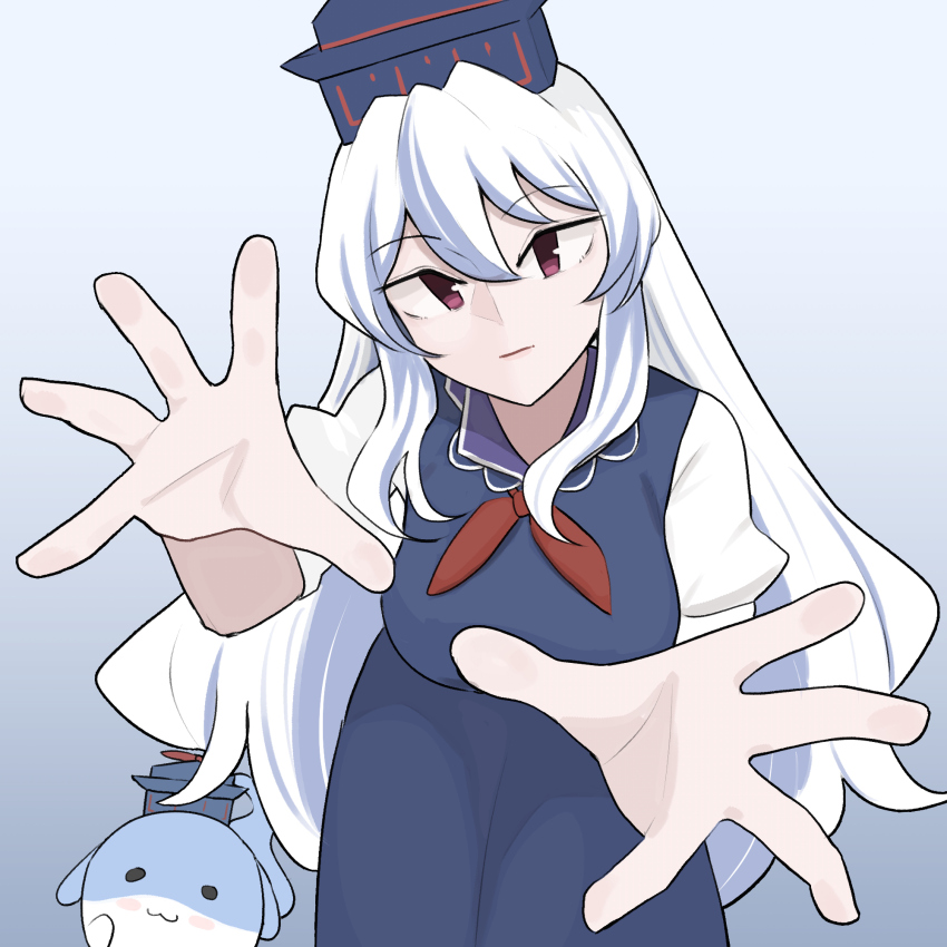 1girl, blue_dress, blue_hair, blue_hat, breasts, closed_mouth, commentary, commission