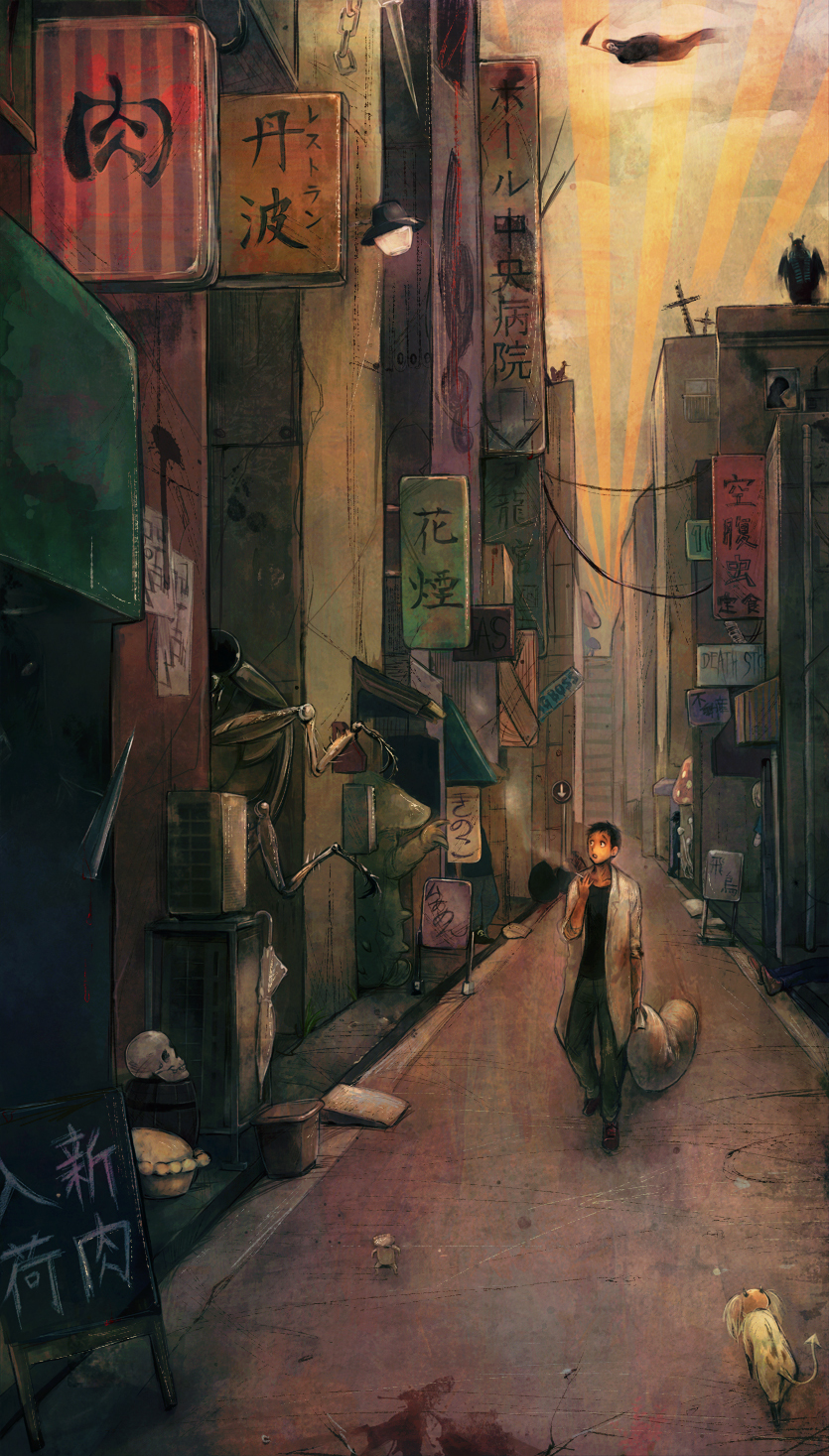 1boy, black_hair, bug, building, chain, cigarette, city, cockroach