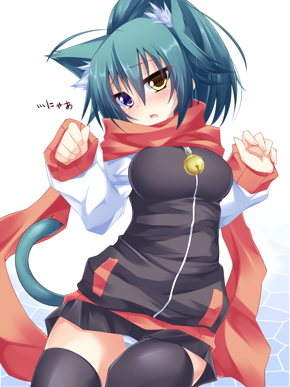 1girl, animal_ears, bell, black_thighhighs, blue_hair, blush, breasts, cat_ears