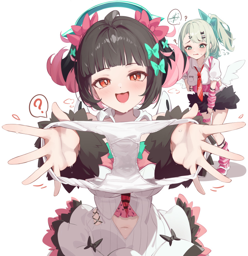 2girls, ?, absurdres, ahoge, arm_under_breasts, arm_warmers, bandaid, bandaid_hair_ornament, black_hair, black_skirt, blunt_bangs, bow, breasts, clothing_cutout, colored_inner_hair, commentary, diamond_cutout, dress, green_bow, green_eyes, green_hair, green_halo, hair_bow, hair_ornament, hairclip, halo, highres, holding, holding_panties, holding_underwear, holding_unworn_clothes, leg_warmers, light_blush, looking_at_viewer, loose_necktie, mawe127, medium_breasts, motion_lines, multicolored_hair, multiple_girls, nangong_yu, navel, navel_cutout, necktie, open_mouth, outstretched_arms, panties, pink_arm_warmers, pink_bow, pink_hair, pink_leg_warmers, ponytail, presenting_removed_panties, puffy_short_sleeves, puffy_sleeves, red_eyes, red_necktie, shirt, short_sleeves, simple_background, skirt, smile, solo_focus, spoken_question_mark, standing, striped_arm_warmers, striped_leg_warmers, sunna_(zenless_zone_zero), too_many_bows, two-tone_hair, underwear, upper_body, white_background, white_dress, white_panties, white_shirt, x_hair_ornament, zenless_zone_zero