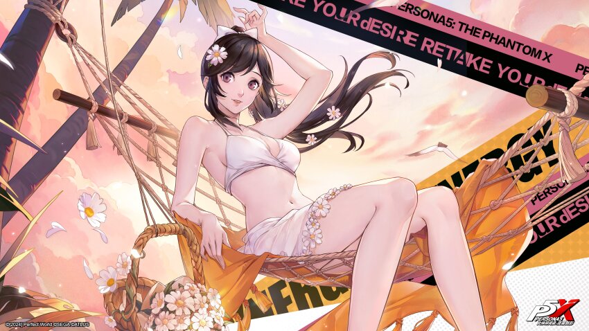 1girl, absurdres, arm_up, atlus, basket, beach, bikini, breasts