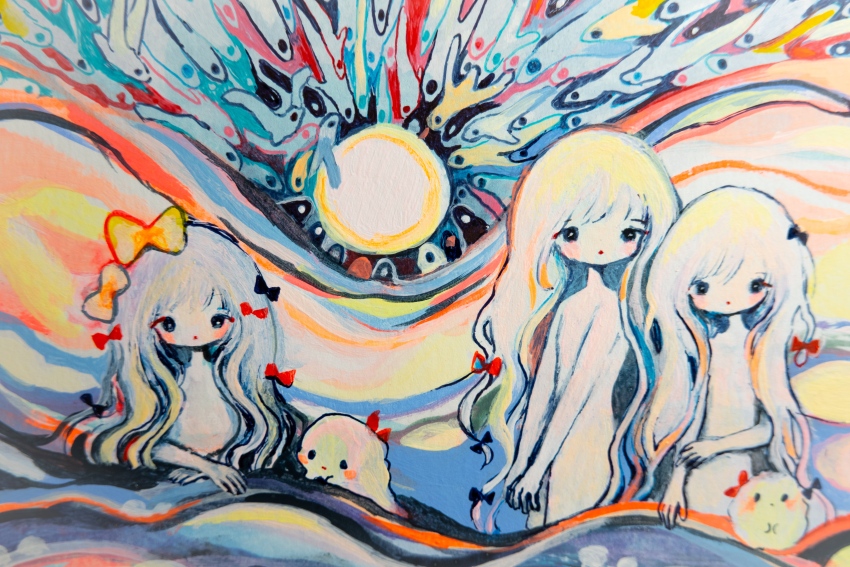 3girls, absurdres, bow, creature, hair_bow, highres, long_hair, looking_at_viewer