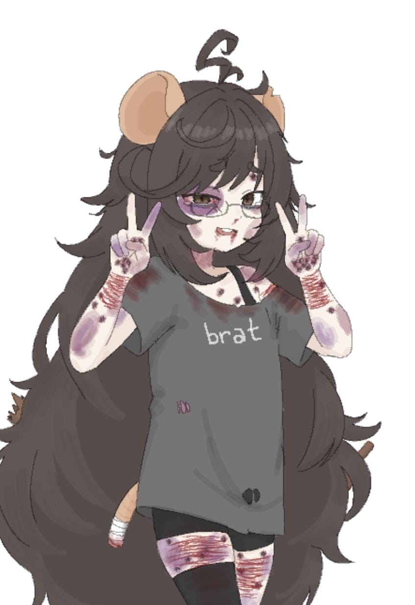 1girl, animal_ears, bandaged_tail, bandages, black_cat03, black_hair, black_shirt, blood