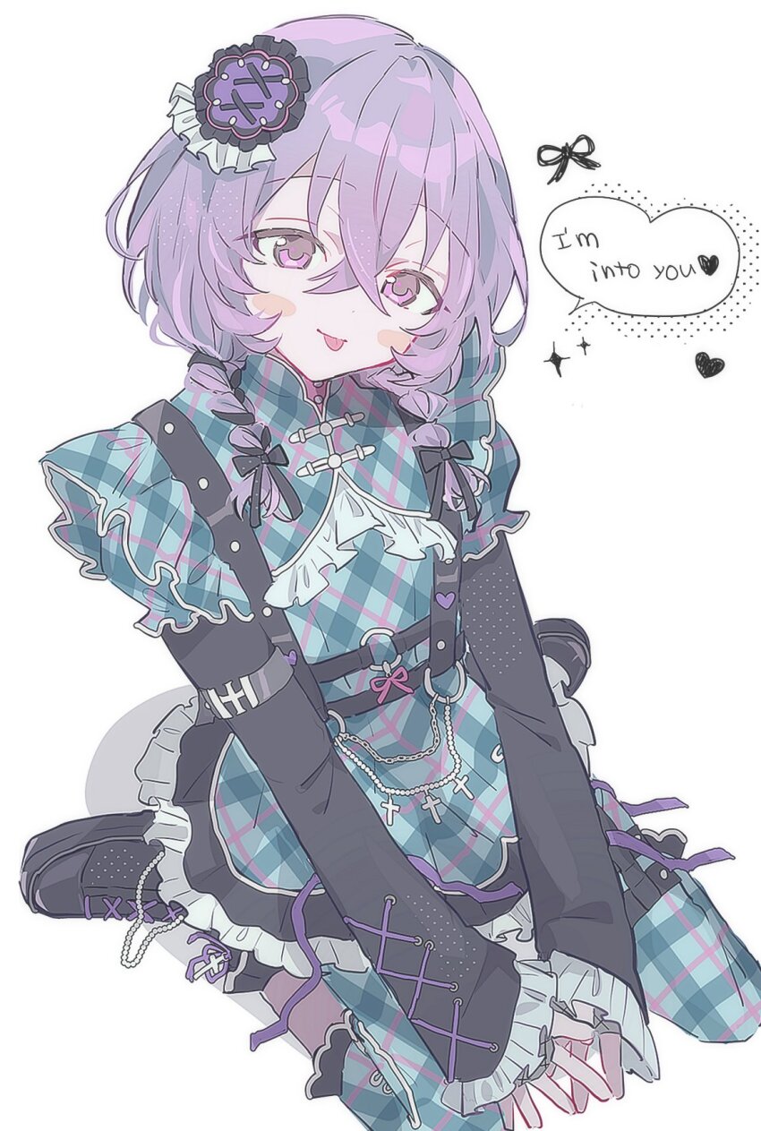 1boy, androgynous, beads, belt, black_belt, black_bow, black_ribbon, black_shoes, blush_stickers, bow, braid, bright_me_up!!_(ensemble_stars!), crossed_bangs, dress, english_text, ensemble_stars!, full_body, green_dress, green_pants, hair_ornament, hair_ribbon, hanamura_fuyume, harness, head_tilt, heart, highres, long_sleeves, male_focus, medium_hair, official_alternate_costume, official_alternate_hairstyle, pants, pants_under_dress, plaid_clothes, plaid_dress, puffy_short_sleeves, puffy_sleeves, purple_eyes, purple_hair, purple_ribbon, ribbon, ribbon_braid, shoes, short_sleeves, simple_background, sitting, sleeves_past_wrists, solo, sparkle, tongue, tongue_out, trap, twin_braids, uta_(utamilk), wariza, white_background