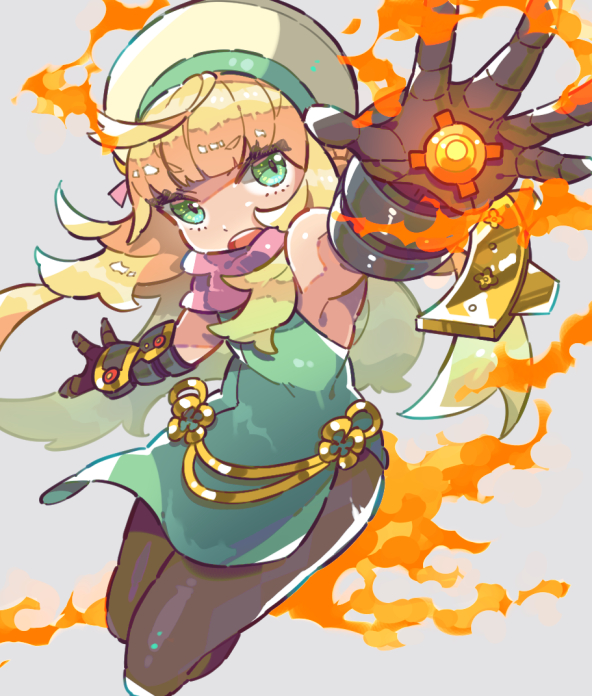 1girl, alchemist_(sekaiju), alchemist_5_(sekaiju), aqua_dress, bare_shoulders, belt, black_pantyhose, blonde_hair