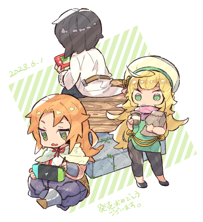 1girl, 2boys, alchemist_(sekaiju), alchemist_5_(sekaiju), aqua_dress, bag, bard_(sekaiju), bard_1_(sekaiju)