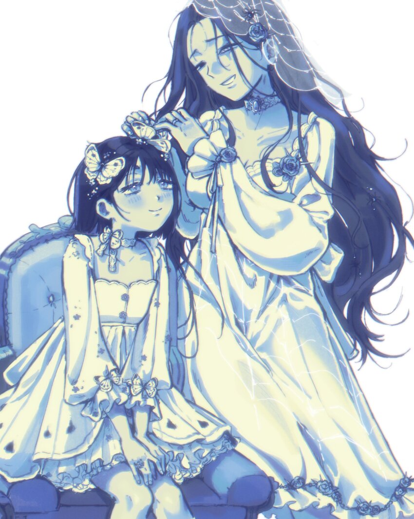 2girls, alien_stage, alternate_costume, butterfly_hair_ornament, chair, choker, commentary, english_commentary, frilled_sleeves, frills, hair_ornament, hia_(alien_stage), highres, long_sleeves, multiple_girls, on_chair, puffy_long_sleeves, puffy_sleeves, scar, scar_across_eye, scar_on_face, shinumeru, siblings, sisters, sitting, smile, sua_(alien_stage), veil