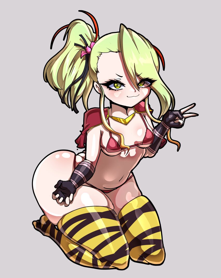 1girl, :3, arm_at_side, bikini, black_gloves, black_thighhighs, breasts, capelet