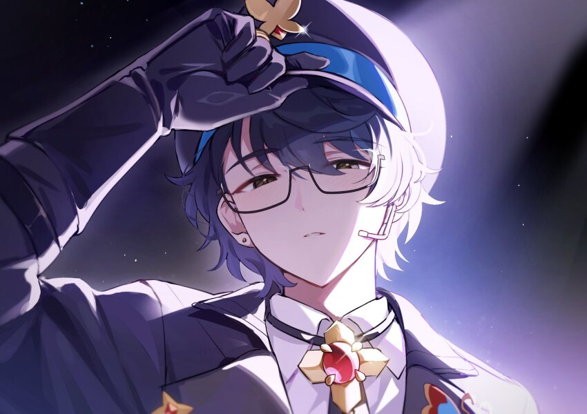 1boy, adjusting_clothes, adjusting_headwear, aoba_tsumugi, arm_up, black-framed_eyewear, black_gloves, black_jacket