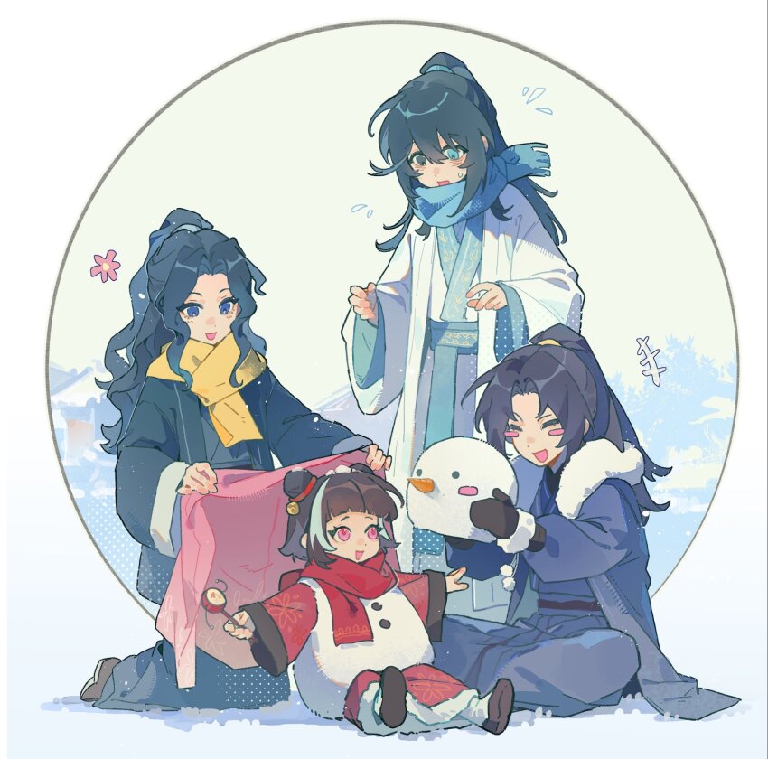 +++, 2boys, 2girls, aged_down, alternate_costume, black_eyes, black_hair, blue_eyes