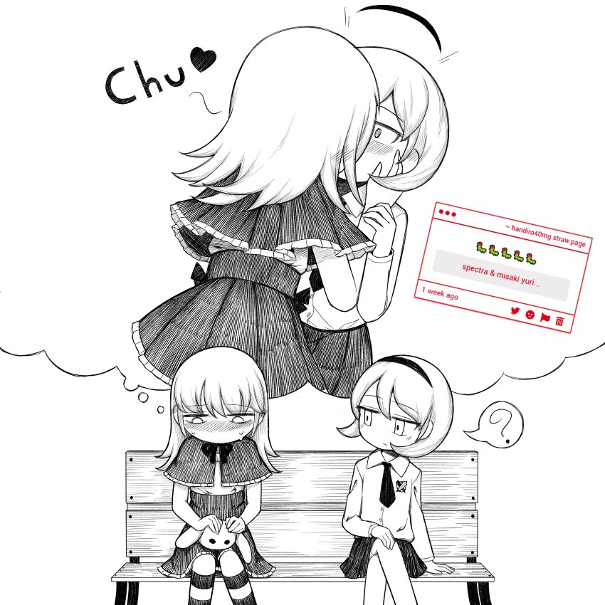 2girls, ?, absurdres, bench, blush, capelet, collared_shirt, copyright_notice, crossed_legs, embarrassed, english_text, feet_out_of_frame, greyscale, hairband, handiro, heart, highres, imagining, implied_kiss, long_hair, looking_at_another, misaki_(spectral_wizard), monochrome, multiple_girls, necktie, nose_blush, request_inset, shirt, shirt_tucked_in, short_hair, sitting, skirt, sound_effects, spectral_wizard_(series), spectral_wizard_(spectral_wizard), speech_bubble, spoken_question_mark, strawpage, stuffed_animal, stuffed_rabbit, stuffed_toy, sweat, thighhighs, thought_bubble, yuri