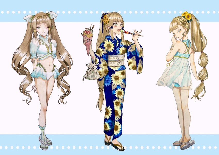 1girl, blonde_hair, blue_kimono, commentary_request, floral_print, floral_print_kimono, flower, hair_flower, hair_ornament, japanese_clothes, kanata_(rune_factory), kimono, long_hair, mitsumame22211, official_alternate_costume, print_kimono, rune_factory, rune_factory:_guardians_of_azuma, sandals, sunflower, sunflower_hair_ornament, sunflower_print, twintails