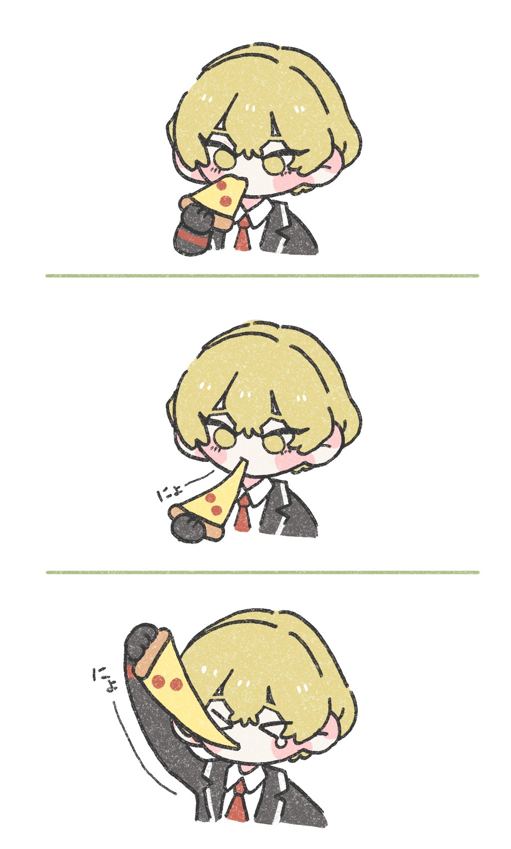 >_<, 1boy, arm_up, black_coat, black_gloves, black_sleeves, blonde_hair, cheese, cheese_trail, circle_hands, coat, collared_shirt, commentary, cropped_torso, dress_shirt, eating, facing_food, food, food_in_mouth, gloves, hair_between_eyes, highres, holding, holding_food, holding_pizza, lapels, limbus_company, long_sleeves, looking_at_food, male_focus, necktie, pepperoni, pizza, pizza_slice, project_moon, red_necktie, red_trim, sequential, shirt, short_hair, sinclair_(project_moon), solo, tearing_up, tears, tvfv9h, undershirt, untranslatable_commentary, white_background, white_shirt, white_trim, wing_collar, yellow_eyes