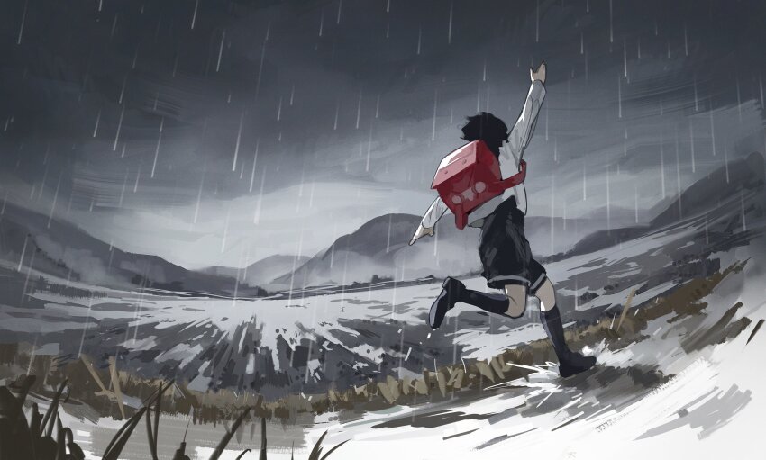 1girl, arm_up, backpack, bag, black_shoes, black_socks, commentary, english_commentary