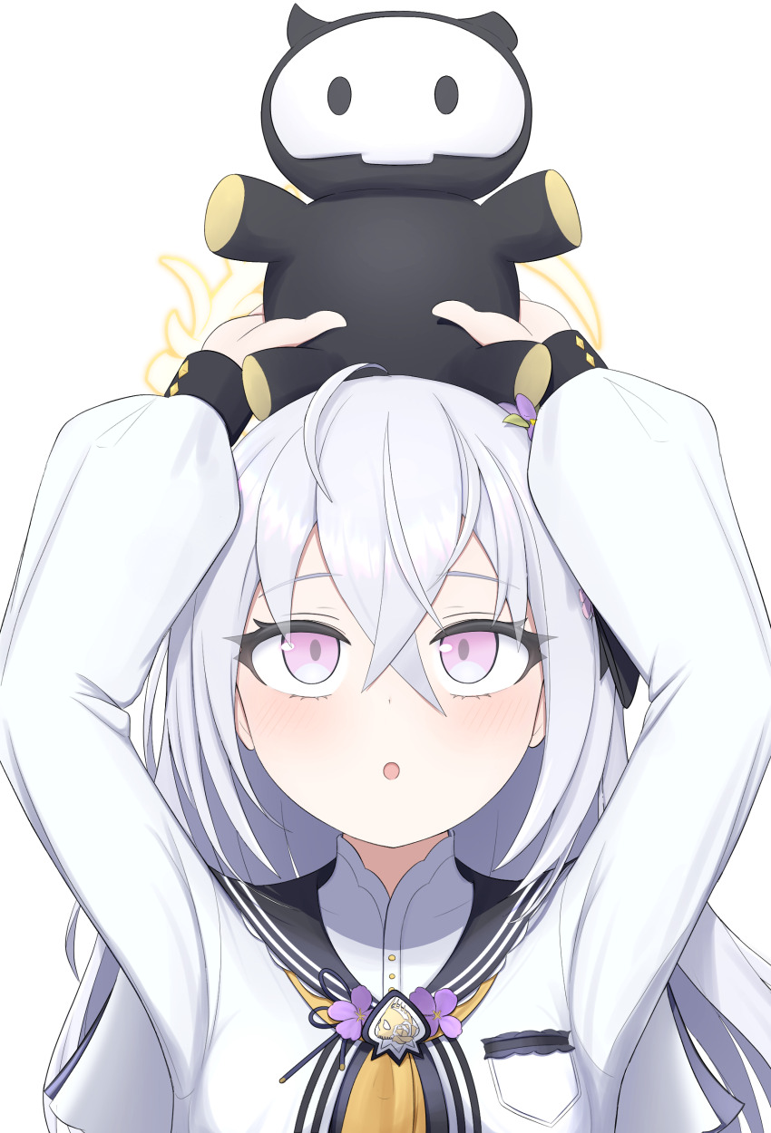 1girl, :o, absurdres, arms_up, asuparuch, azusa_(blue_archive), blue_archive, blue_sailor_collar, blush, commentary_request, crossed_bangs, eyelashes, fan_request, flower, frilled_sailor_collar, frills, hair_between_eyes, hair_flower, hair_ornament, halo, highres, holding, holding_stuffed_toy, long_hair, long_sleeves, open_mouth, puffy_long_sleeves, puffy_sleeves, purple_eyes, purple_flower, sailor_collar, school_uniform, serafuku, shirt, simple_background, skullman_(blue_archive), solo, stuffed_animal, stuffed_toy, stuffed_toy_on_head, upper_body, upturned_eyes, white_background, white_hair, white_shirt, yellow_halo