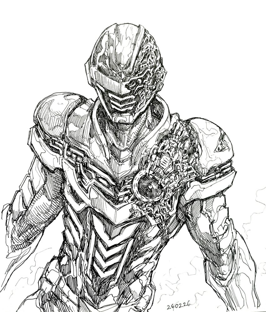 1boy, adi_(adivider), armor, armored_bodysuit, battle_damage, bodysuit, broken_armor, character_mask, character_request, chou_uchuu_keiji_gavan_infinity, combat_helmet, damaged, death_gavan, exposed_internal_machinery, full_armor, helmet, highres, male_focus, mask, science_fiction, tokusatsu