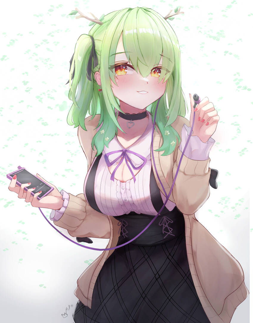 1girl, absurdres, alternate_breast_size_(larger), antlers, artist_logo, artist_name, black_choker, black_ribbon